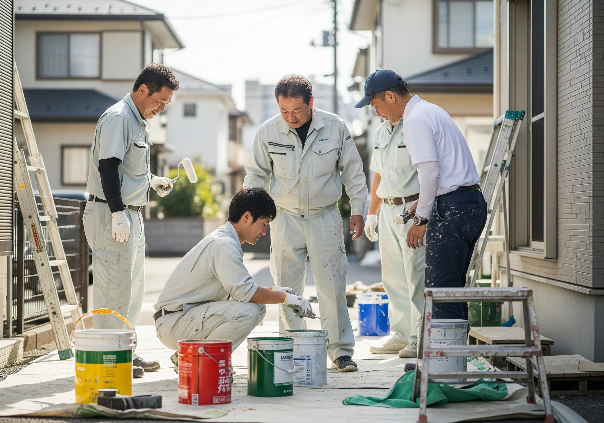 現場で協力して作業する塗装職人チーム