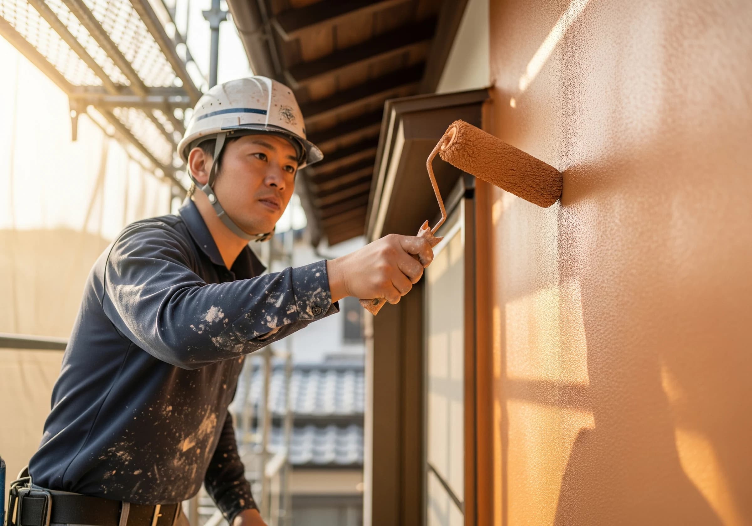 外壁に塗料を塗る職人